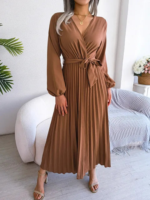 Lena | Elegant V-Neck Pleated Maxi Dress With Long Sleeves
