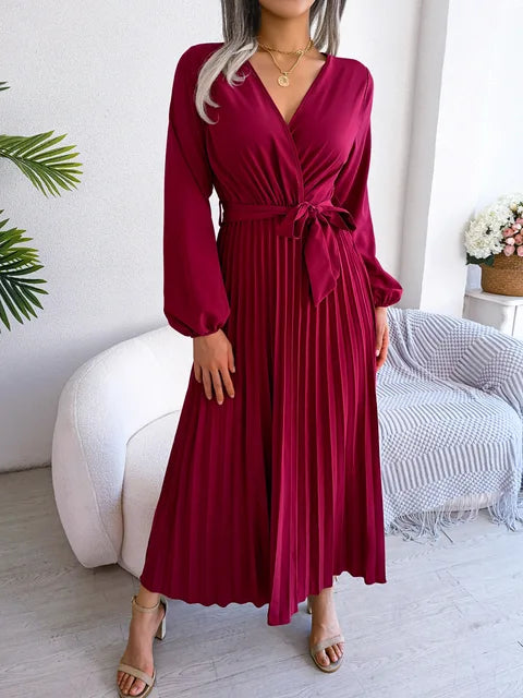 Lena | Elegant V-Neck Pleated Maxi Dress With Long Sleeves