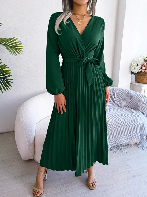 Lena | Elegant V-Neck Pleated Maxi Dress With Long Sleeves