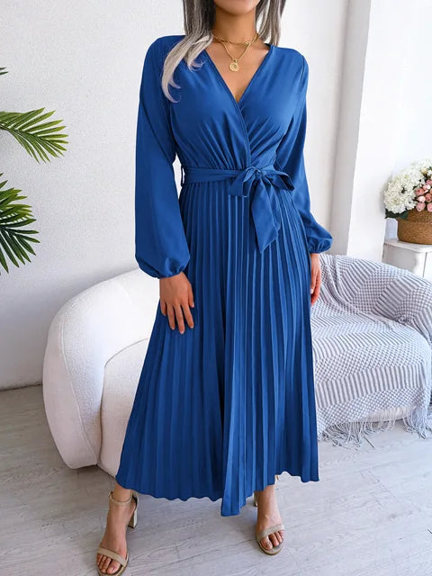 Lena | Elegant V-Neck Pleated Maxi Dress With Long Sleeves