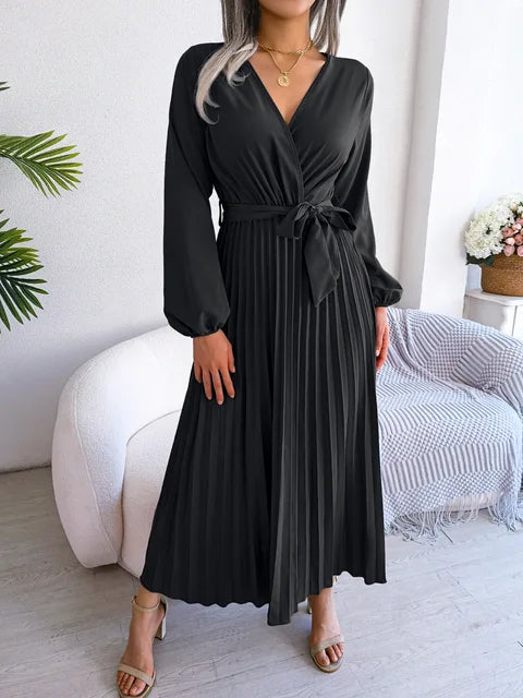 Lena | Elegant V-Neck Pleated Maxi Dress With Long Sleeves
